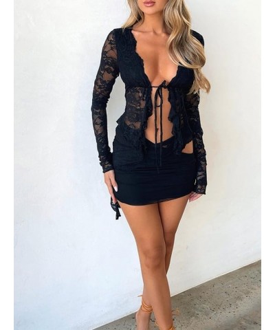 Women Y2K 2 Piece Skirt Set Sheer Mesh Crop Top High Waist Bodycon Mini Skirt Two Outfit Set Night Party 01- Black $11.39 Suits