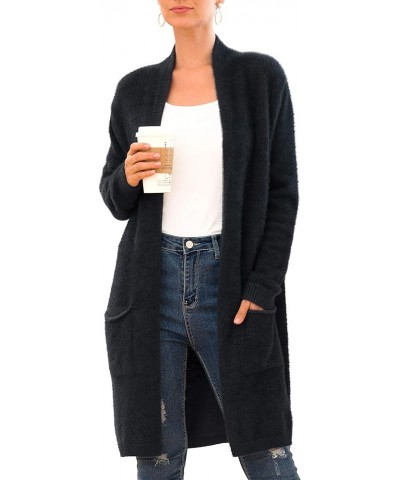 Women's 2024 Casual Open Front Knit Cardigans Long Sleeve Plush Sweater Coat with Pockets A08-black $20.50 Sweaters
