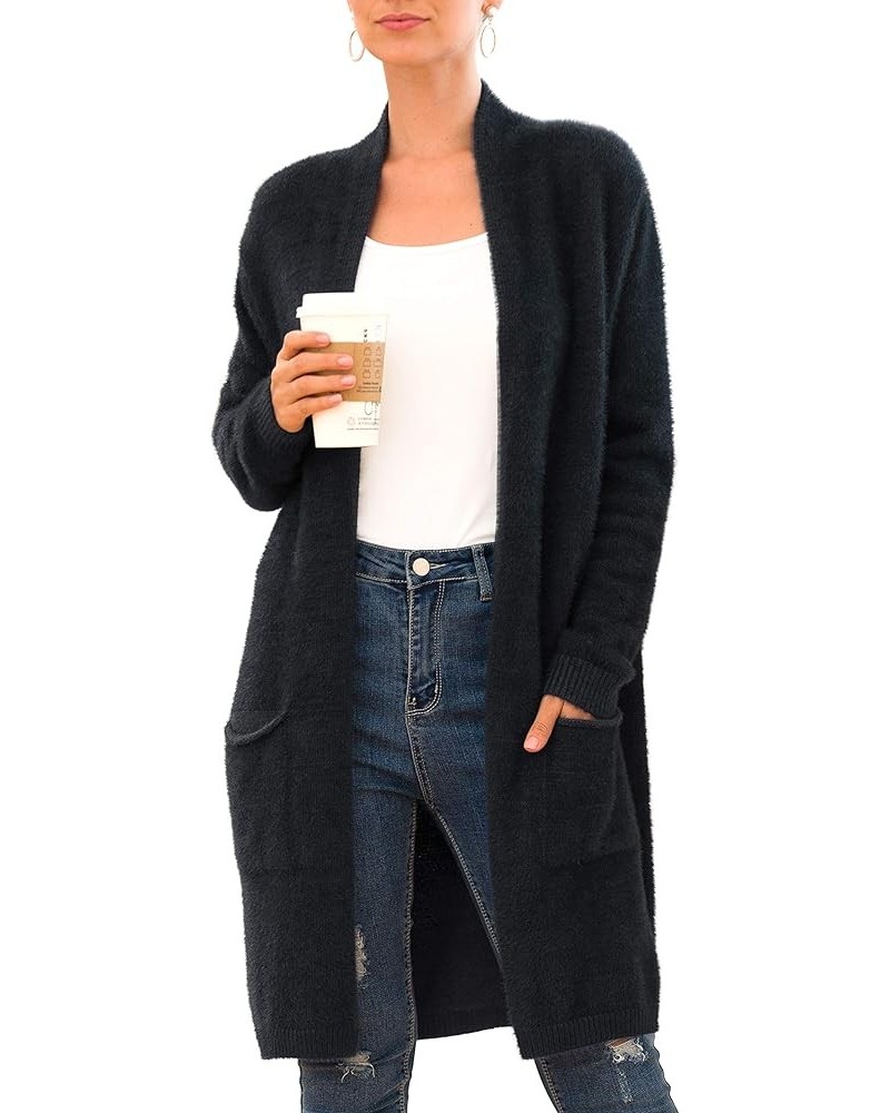 Women's 2024 Casual Open Front Knit Cardigans Long Sleeve Plush Sweater Coat with Pockets A08-black $20.50 Sweaters