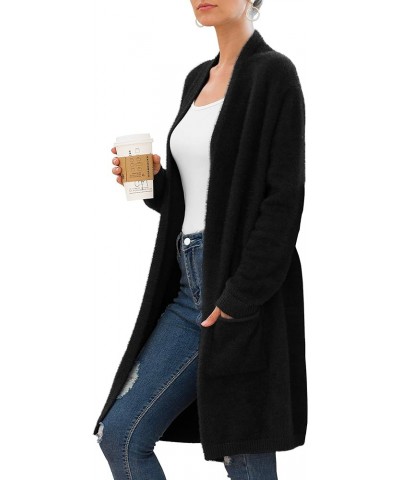 Women's 2024 Casual Open Front Knit Cardigans Long Sleeve Plush Sweater Coat with Pockets A08-black $20.50 Sweaters