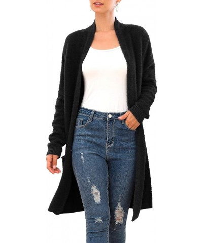 Women's 2024 Casual Open Front Knit Cardigans Long Sleeve Plush Sweater Coat with Pockets A08-black $20.50 Sweaters