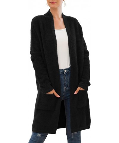 Women's 2024 Casual Open Front Knit Cardigans Long Sleeve Plush Sweater Coat with Pockets A08-black $20.50 Sweaters