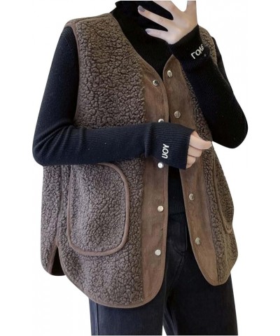 Women Sleeveless Fleece Jacket Vest 2023 Winter Warm Button Open Front Cardigans Coat Lightweight Outwear with Pocket Coffee ...