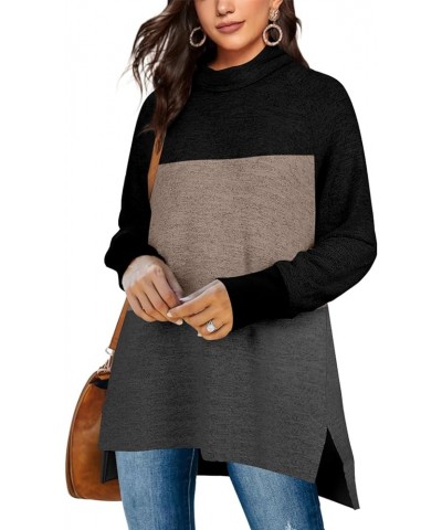 Women's Turtle Neck Sweatshirts High Low Hem Side Slit Ao Black Brown Color Block $15.58 Hoodies & Sweatshirts