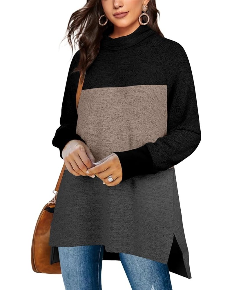 Women's Turtle Neck Sweatshirts High Low Hem Side Slit Ao Black Brown Color Block $15.58 Hoodies & Sweatshirts