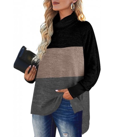 Women's Turtle Neck Sweatshirts High Low Hem Side Slit Ao Black Brown Color Block $15.58 Hoodies & Sweatshirts