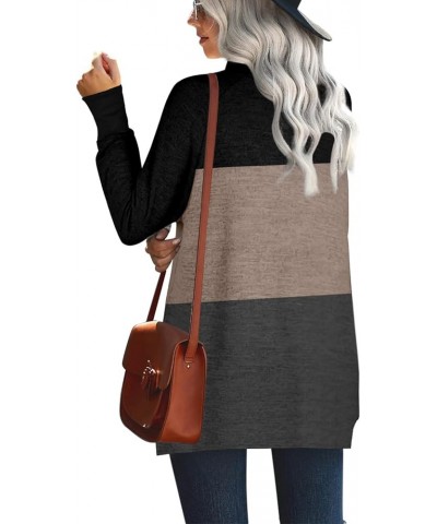 Women's Turtle Neck Sweatshirts High Low Hem Side Slit Ao Black Brown Color Block $15.58 Hoodies & Sweatshirts