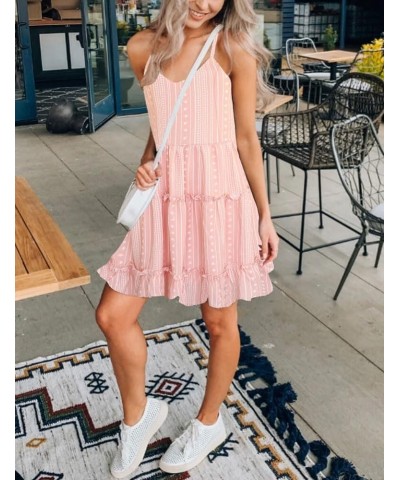 Women Floral Casual Tiered Mini Dresses Spaghetti Strap V Neck Backless A Line Swing Short Dress with Pockets Smoke Pink Stri...