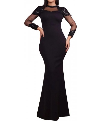Sexy Sequin Long Sleeve Mesh Splice Perspective Party Cocktail Bodycon Evening Prom Mermaid Maxi Dress Black $15.50 Dresses