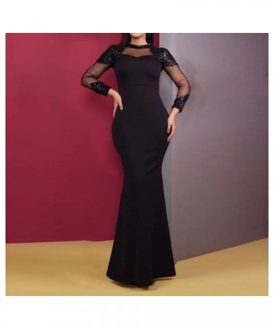 Sexy Sequin Long Sleeve Mesh Splice Perspective Party Cocktail Bodycon Evening Prom Mermaid Maxi Dress Black $15.50 Dresses