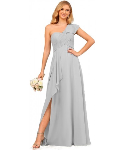 Chiffon One Shoulder Bridesmaid Dress with Slit Pleated Ruffles Long A Line Formal Prom Dress for Women AD001 Silver $26.95 D...