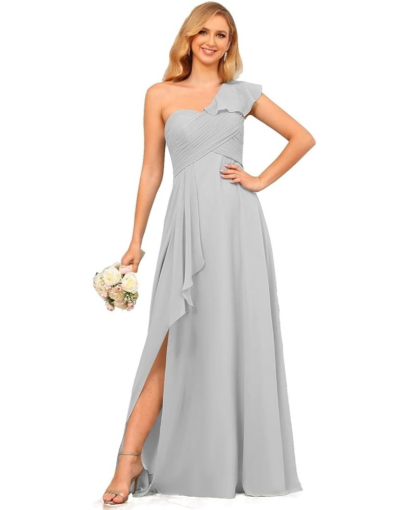 Chiffon One Shoulder Bridesmaid Dress with Slit Pleated Ruffles Long A Line Formal Prom Dress for Women AD001 Silver $26.95 D...