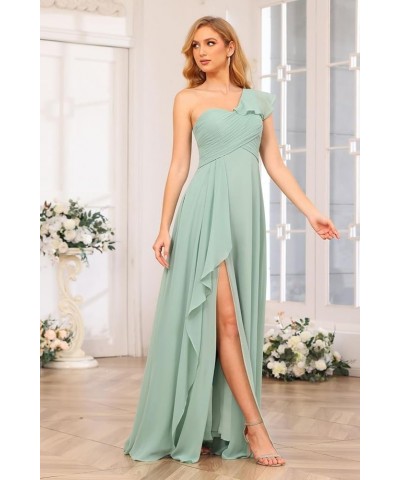 Chiffon One Shoulder Bridesmaid Dress with Slit Pleated Ruffles Long A Line Formal Prom Dress for Women AD001 Silver $26.95 D...