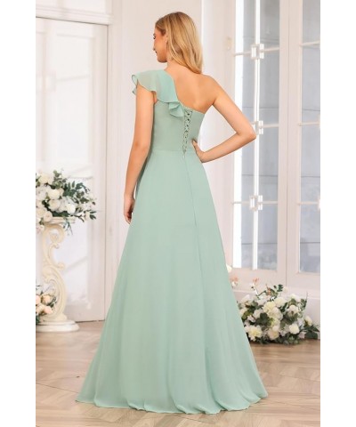 Chiffon One Shoulder Bridesmaid Dress with Slit Pleated Ruffles Long A Line Formal Prom Dress for Women AD001 Silver $26.95 D...