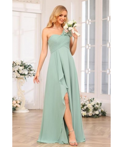 Chiffon One Shoulder Bridesmaid Dress with Slit Pleated Ruffles Long A Line Formal Prom Dress for Women AD001 Silver $26.95 D...