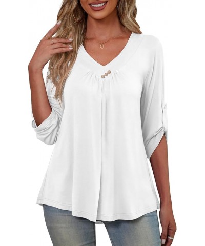 Womens Plus Size 3/4 Roll Sleeve Blouses V Neck Casual Tunic Tops White $12.15 Tops