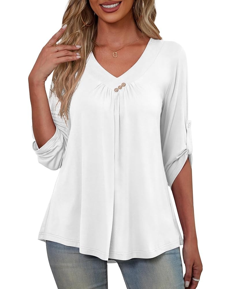 Womens Plus Size 3/4 Roll Sleeve Blouses V Neck Casual Tunic Tops White $12.15 Tops