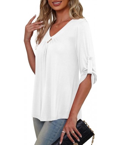 Womens Plus Size 3/4 Roll Sleeve Blouses V Neck Casual Tunic Tops White $12.15 Tops