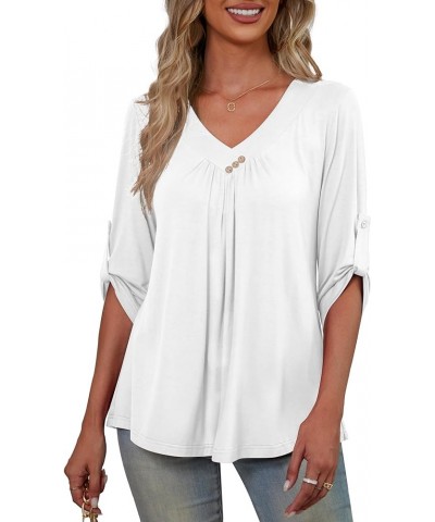 Womens Plus Size 3/4 Roll Sleeve Blouses V Neck Casual Tunic Tops White $12.15 Tops