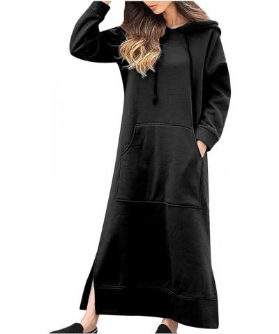 Women Hooded Maxi Dress Casual Loose Sweatshirt Long Dress Winter Fall Drawstring Slit Hoodie Dresses with Pocket Black $14.5...