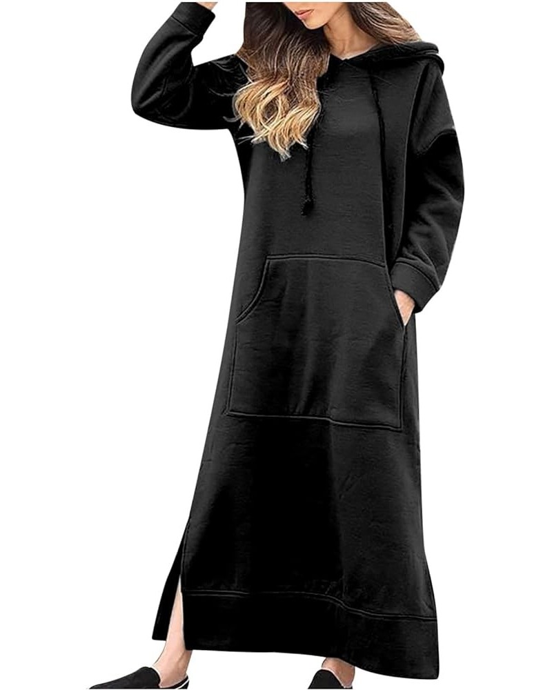Women Hooded Maxi Dress Casual Loose Sweatshirt Long Dress Winter Fall Drawstring Slit Hoodie Dresses with Pocket Black $14.5...