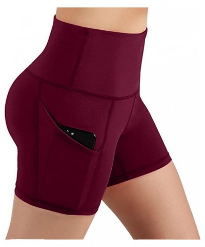 Women's High Waist Biker Shorts Tummy Control Yoga Running Volleyball Workout Gym Swimming with Pockets for Summer A14-wine $...