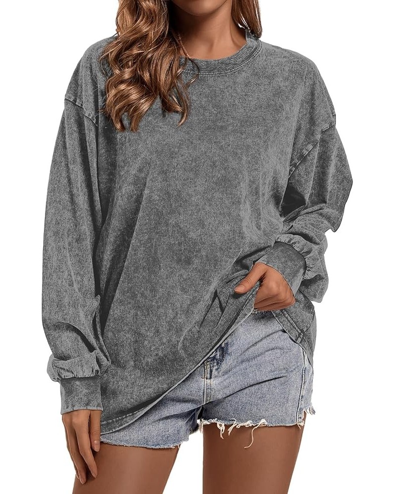 Crewneck Oversized Sweatshirt for Women Loose Fit Long Sleeve Shirts Vintage Acid Wash Tshirt Basic Solid Color Tee Gray $13....