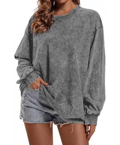 Crewneck Oversized Sweatshirt for Women Loose Fit Long Sleeve Shirts Vintage Acid Wash Tshirt Basic Solid Color Tee Gray $13....