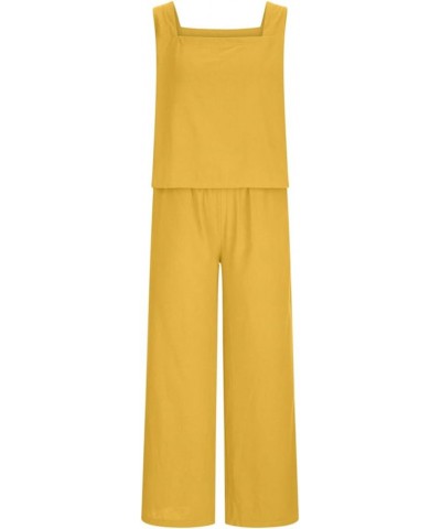 Womens Summer Linen Sets 2 Piece Outfits Square Neck Cami Top Wide Leg Pants and Crop Top Lounge Set Yellow Linen Vest and Pa...