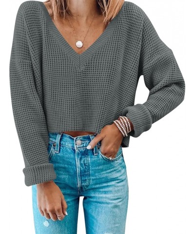 Women's Waffle Knit Cropped Top V Neck Long Sleeve Pullover Sweater Casual Solid Crop Sweatshirts Darkgrey $20.66 Activewear