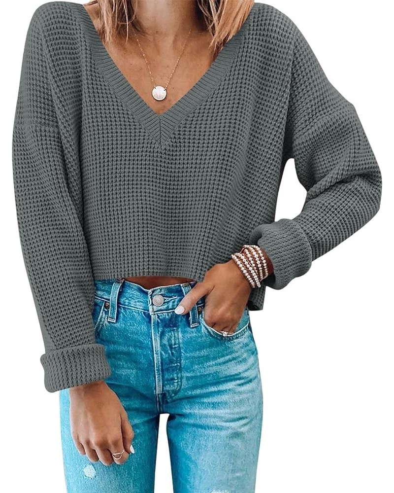 Women's Waffle Knit Cropped Top V Neck Long Sleeve Pullover Sweater Casual Solid Crop Sweatshirts Darkgrey $20.66 Activewear