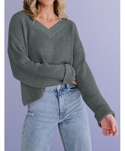 Women's Waffle Knit Cropped Top V Neck Long Sleeve Pullover Sweater Casual Solid Crop Sweatshirts Darkgrey $20.66 Activewear