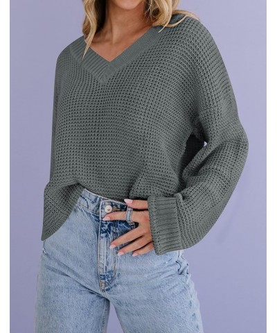 Women's Waffle Knit Cropped Top V Neck Long Sleeve Pullover Sweater Casual Solid Crop Sweatshirts Darkgrey $20.66 Activewear