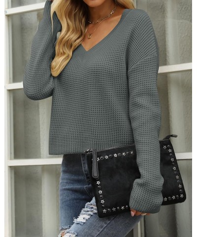 Women's Waffle Knit Cropped Top V Neck Long Sleeve Pullover Sweater Casual Solid Crop Sweatshirts Darkgrey $20.66 Activewear