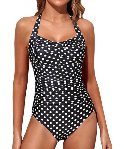 Women Tummy Control One Piece Swimsuits Push Up Slimming Bathing Suits Halter Vintage Swimwear Black Polka Dot $11.25 Swimsuits