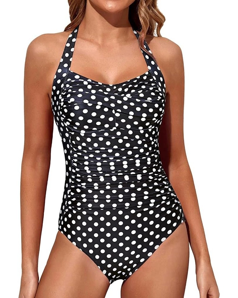 Women Tummy Control One Piece Swimsuits Push Up Slimming Bathing Suits Halter Vintage Swimwear Black Polka Dot $11.25 Swimsuits