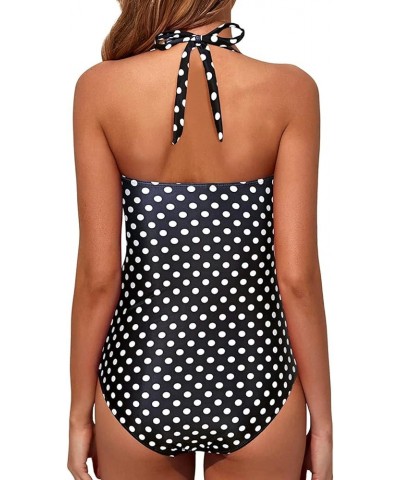 Women Tummy Control One Piece Swimsuits Push Up Slimming Bathing Suits Halter Vintage Swimwear Black Polka Dot $11.25 Swimsuits