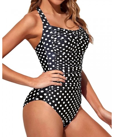 Women Tummy Control One Piece Swimsuits Push Up Slimming Bathing Suits Halter Vintage Swimwear Black Polka Dot $11.25 Swimsuits