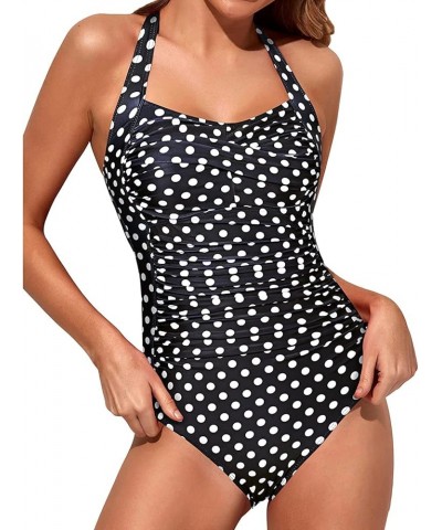 Women Tummy Control One Piece Swimsuits Push Up Slimming Bathing Suits Halter Vintage Swimwear Black Polka Dot $11.25 Swimsuits