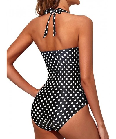 Women Tummy Control One Piece Swimsuits Push Up Slimming Bathing Suits Halter Vintage Swimwear Black Polka Dot $11.25 Swimsuits