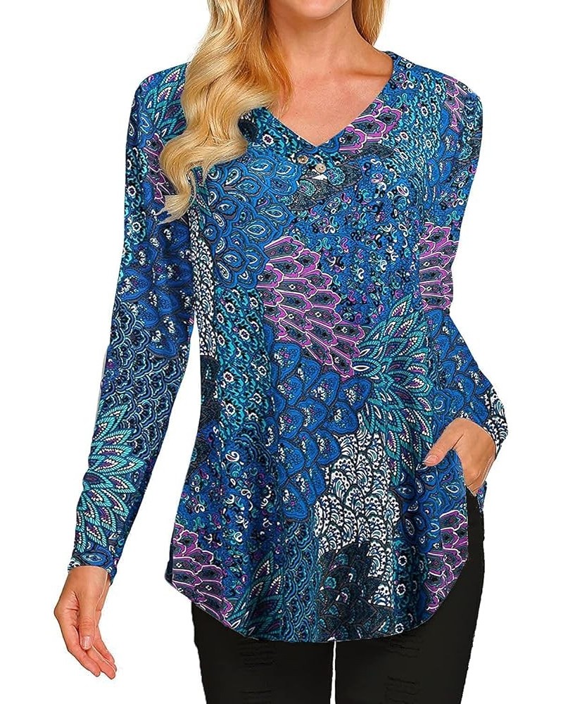 Womens Fall Long Sleeve Floral Print Tunic Tops Casual Loose Fitting Flowy Shirts Blouses Aqua $15.59 Tops