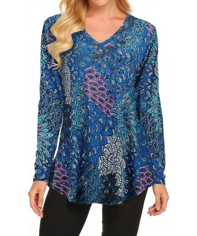 Womens Fall Long Sleeve Floral Print Tunic Tops Casual Loose Fitting Flowy Shirts Blouses Aqua $15.59 Tops