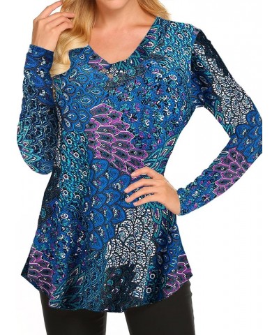 Womens Fall Long Sleeve Floral Print Tunic Tops Casual Loose Fitting Flowy Shirts Blouses Aqua $15.59 Tops