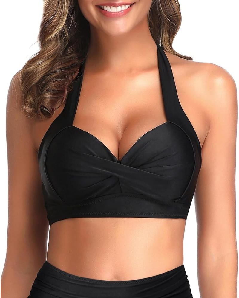 Women Bikini Top Push Up Swim Top Halter Retro Bathing Suit Top Padded Swimsuit Top Only Black $13.44 Swimsuits