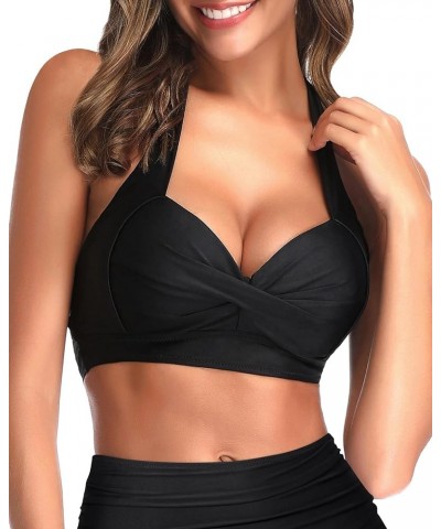 Women Bikini Top Push Up Swim Top Halter Retro Bathing Suit Top Padded Swimsuit Top Only Black $13.44 Swimsuits