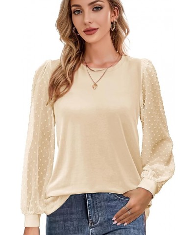 Womens Mesh Long Sleeve Shirts Dressy Casual Blouses Tops Swiss Dot Balloon Tunic Trendy Crew Neck Clothes Outfits Beige $11....