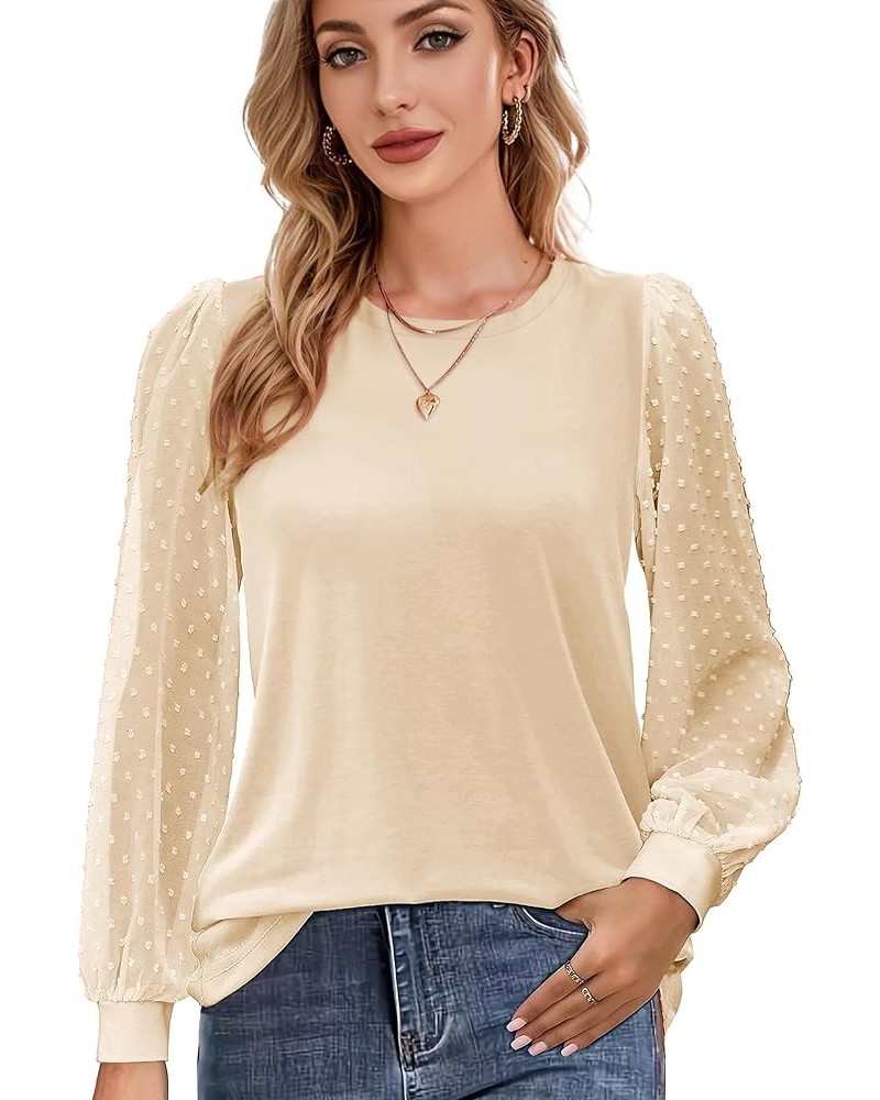 Womens Mesh Long Sleeve Shirts Dressy Casual Blouses Tops Swiss Dot Balloon Tunic Trendy Crew Neck Clothes Outfits Beige $11....