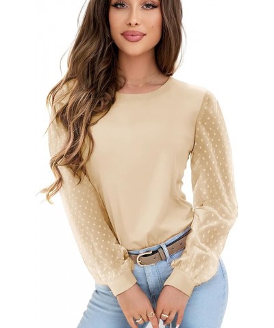 Womens Mesh Long Sleeve Shirts Dressy Casual Blouses Tops Swiss Dot Balloon Tunic Trendy Crew Neck Clothes Outfits Beige $11....