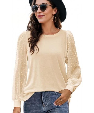 Womens Mesh Long Sleeve Shirts Dressy Casual Blouses Tops Swiss Dot Balloon Tunic Trendy Crew Neck Clothes Outfits Beige $11....