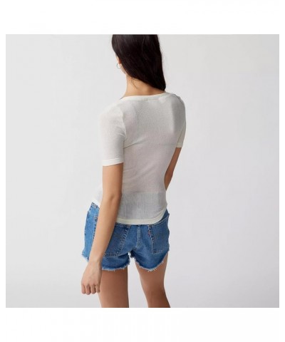 Women's Sexy Y2K Ribbed Slim Fit T-Shirts Crop Tops Henley V Neck Button Down Short Sleeve Going Out Tops Y-white $7.64 Tops